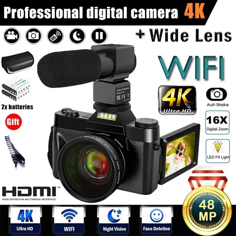 

Professional 4K Digital Camera WiFi Link With Microphone 48MP Camera For Voging On YouTube 16X Digital Zoom Video Camcorder