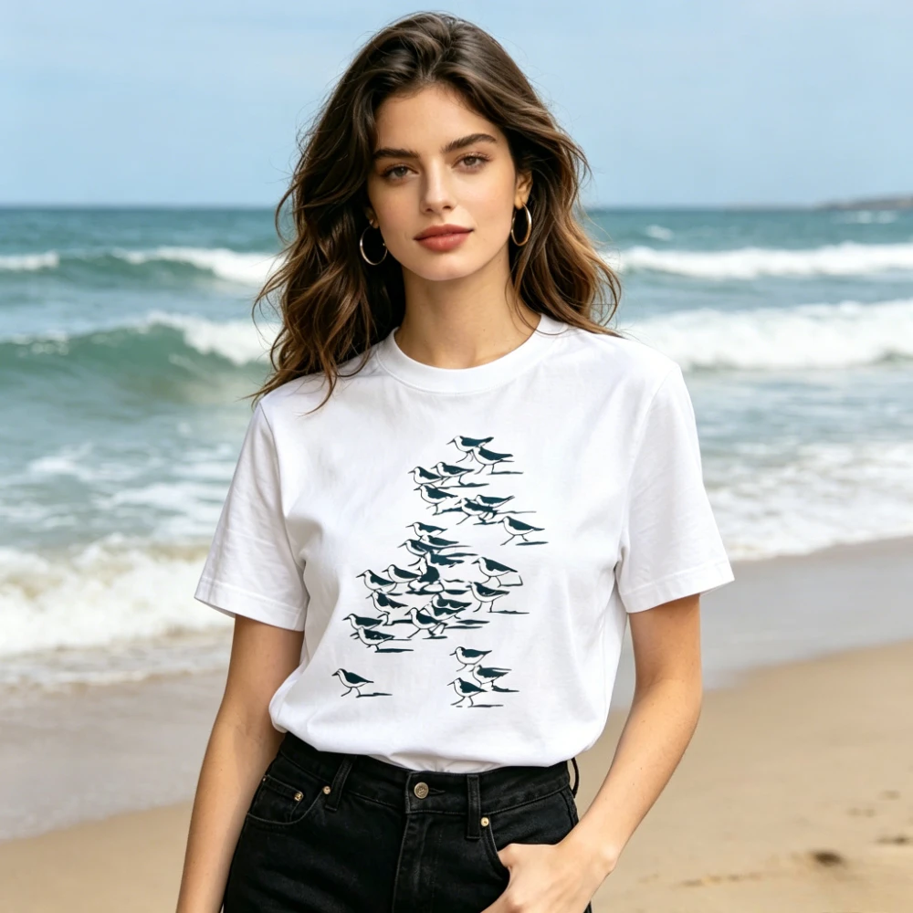 Minimalist Sandpiper Flock T-Shirt Coastal Beach Bird Art Graphic Tee Clean Nature Inspired Casual Shirt Ocean & Wildlife Lovers