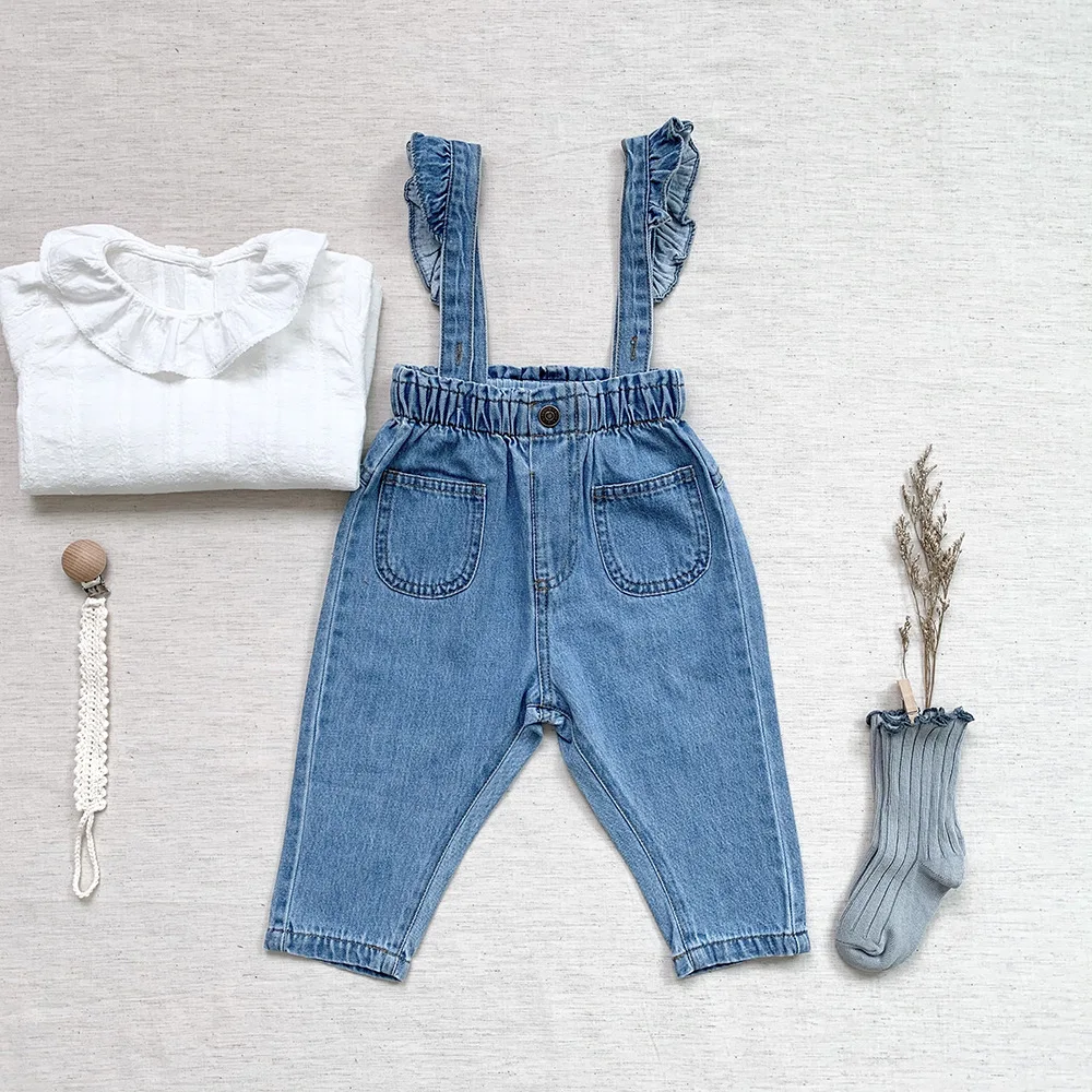 

Jenny&Dave Autumn and Winter Cross border Girls' Cotton Strap Pants Baby Flying Sleeves Ruffle Leaf Jeans Baby Two Wear Sling Pa