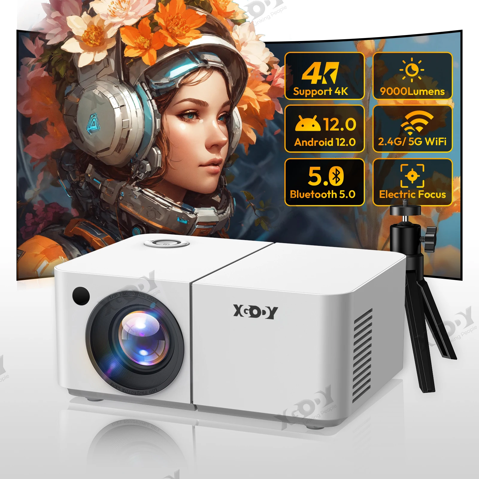 XGODY X2 Projector Full HD 4K 2.4G 5G WiFi LCD LED Video Movie Beam Android Projector Home Theater Cinema Beamer With tripod