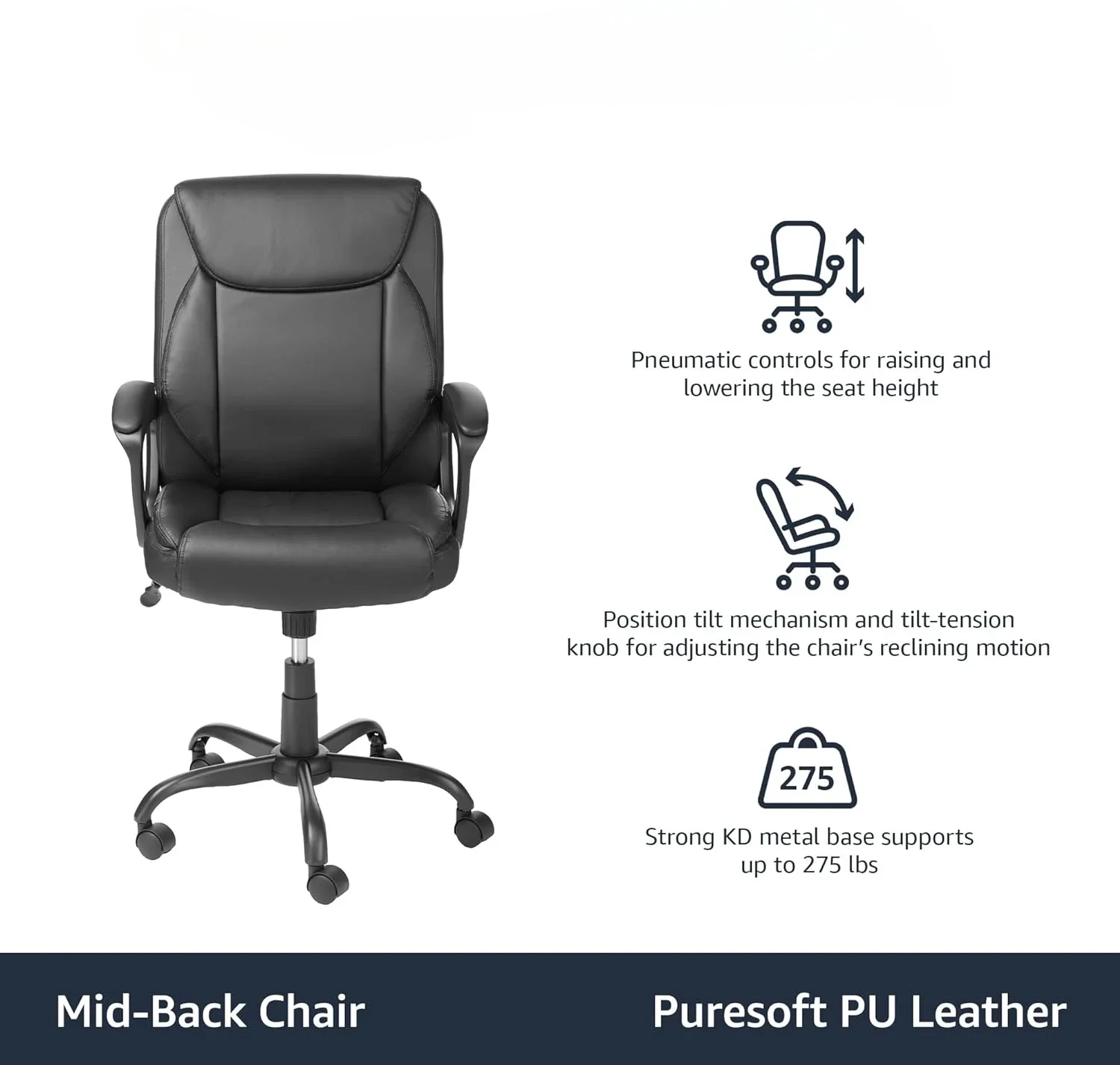 Puresoft-Silla de escritorio de ordenador de oficina con reposabrazos, asiento clásico acolchado de PU, espalda media, 26 "D x 23,75" W x 42 "H, negro