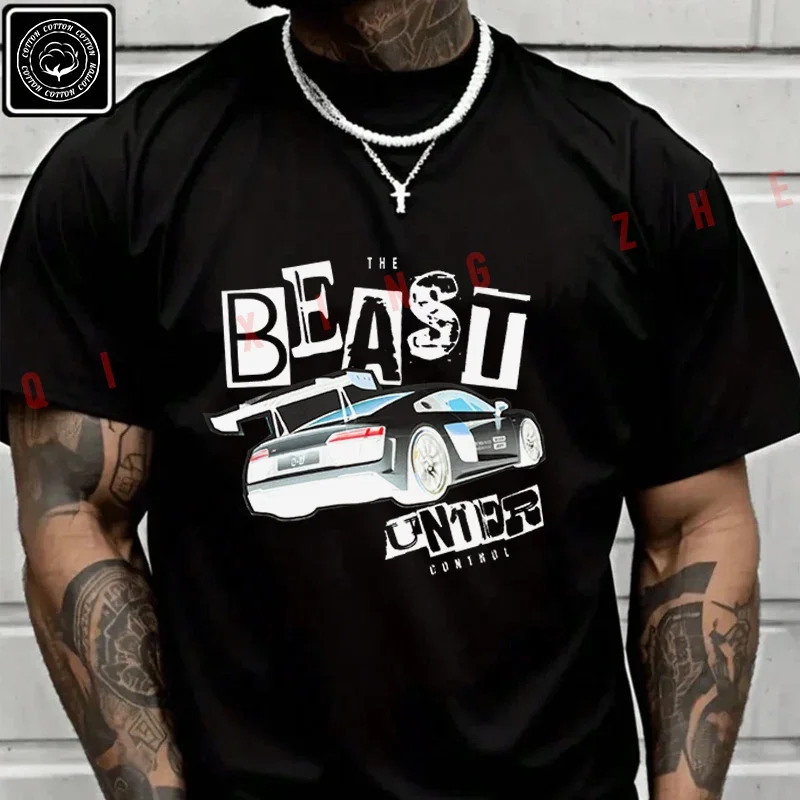 

Men's And Women's T-shirt Summer New Moto Cotton Tee Racing Car With A Phrase In Newspaper Cutout Short-sleeved Top