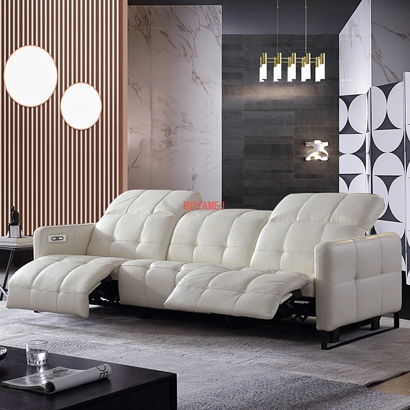 Italian leather sofa, living room, three-person sofa, furniture, small apartment, light luxury and simple electric sofa.