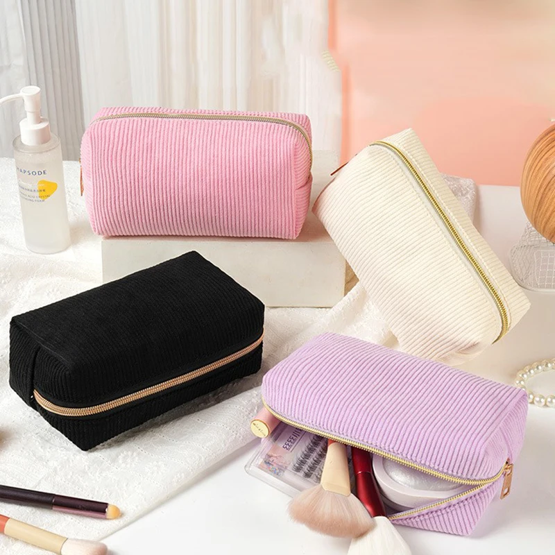 Cute Corduroy Cosmetic Bag for Girls Spacious Makeup Pouch Durable Stationery Organizer Pencil Case School Office Supplies