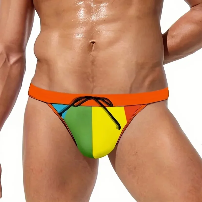 2025 New Men's Triangle Contrasting Color Design Lace-up Drawstring Sports and Casual Beach Swimming Pants E9J729