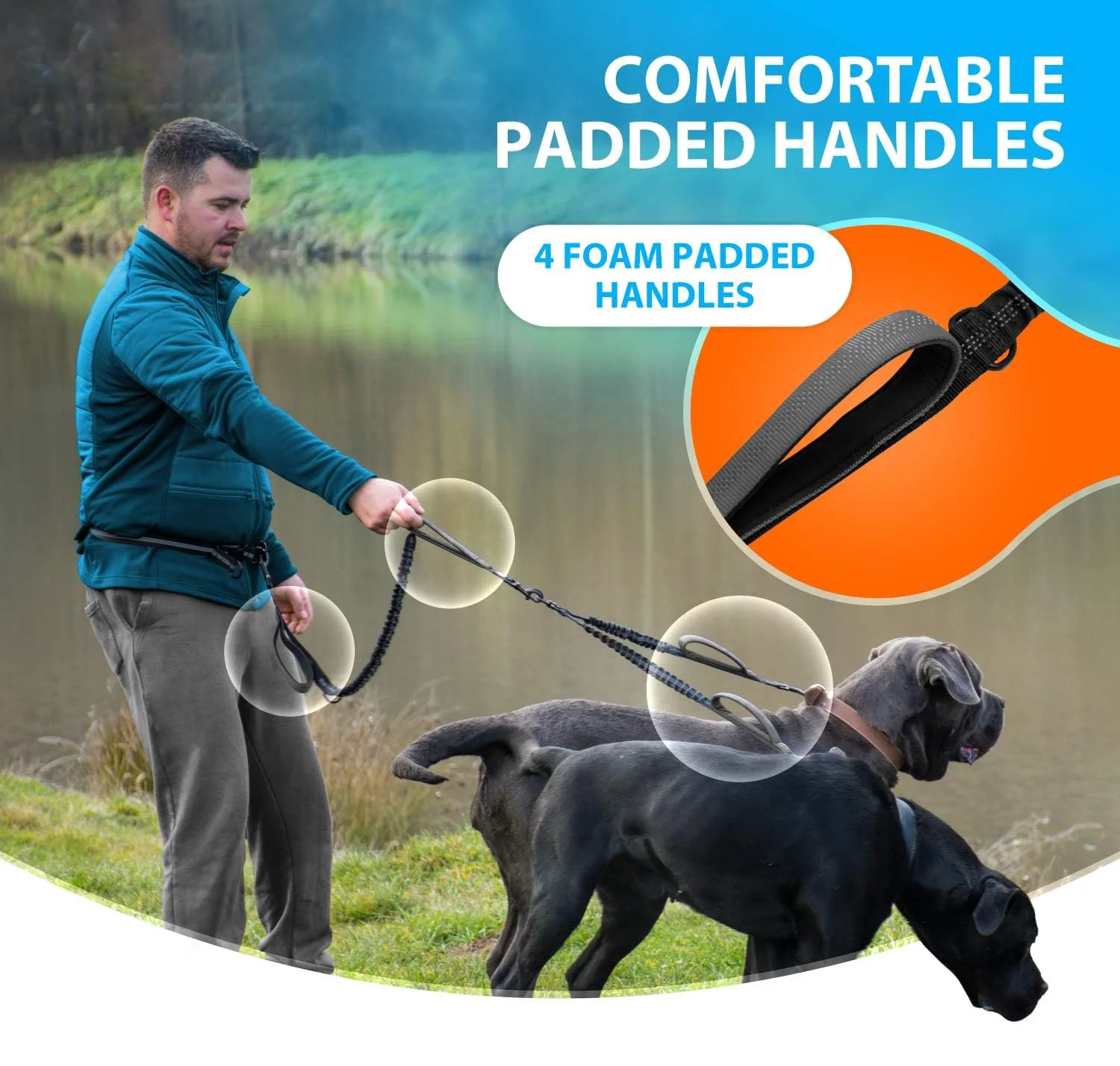 Hands Free Double Dog Leash  for Medium and Large Dogs Dog Leash for 2 Dogs with Padded Handles Reflective Stitches No Pull