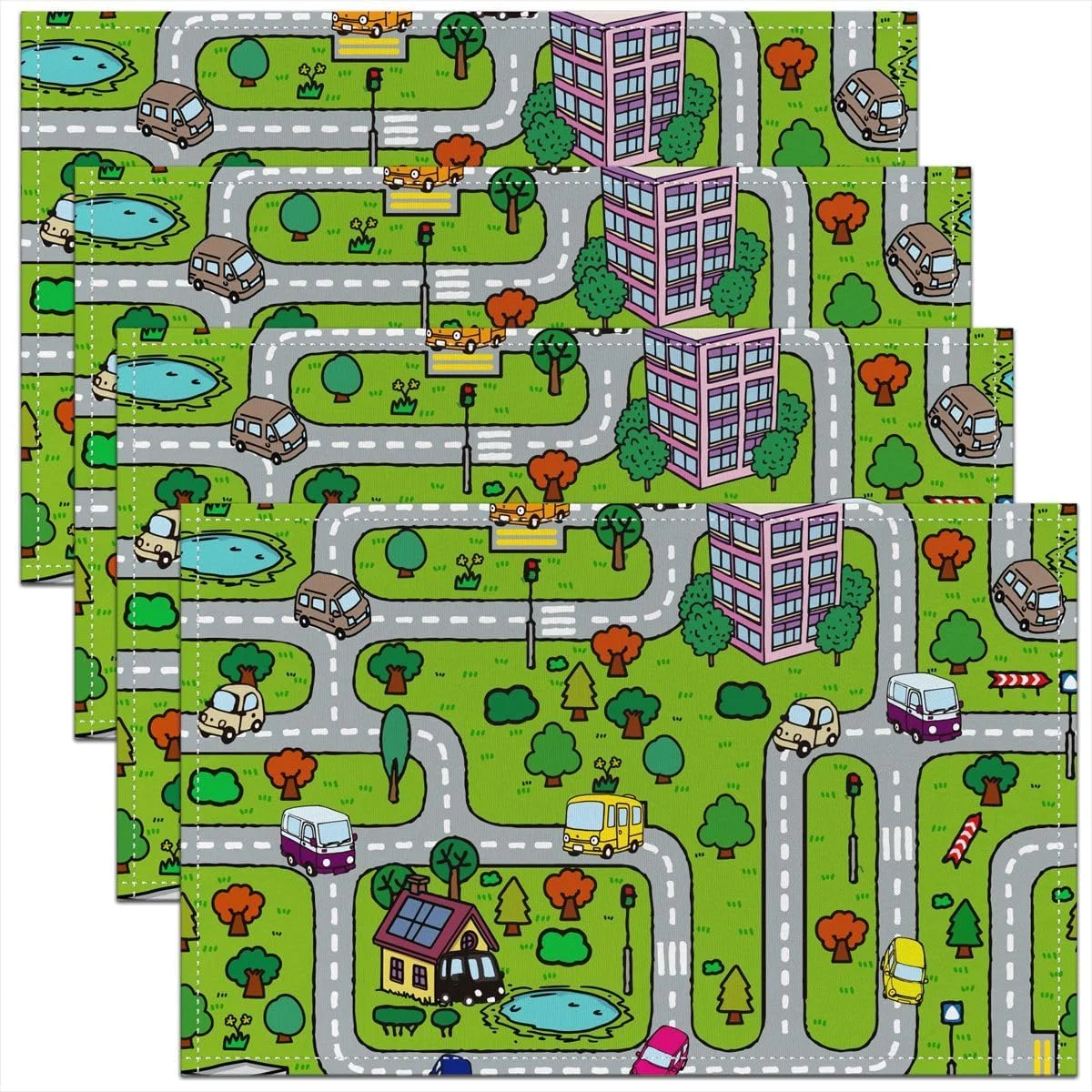 4/6/8pc Colorful Car Theme Placemat Set, Cute Town Building House Linen Mats Heat Resistant for Children