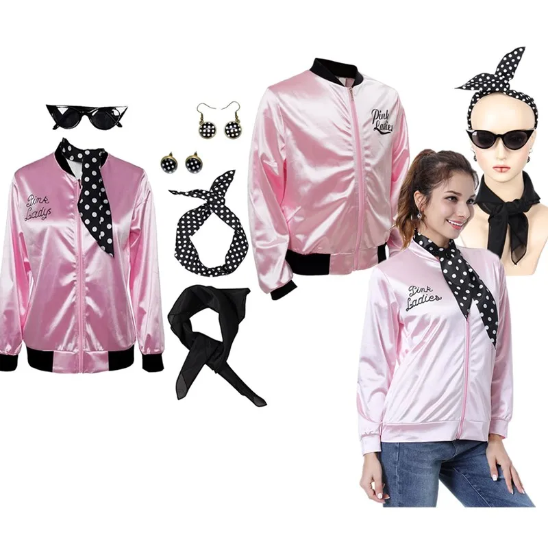 Retro 1950S Grease Pink Ladies Cosplay Jacket Adult Women Satin Coat Neckscarf Costume Headband Halloween Carnival Party Suit