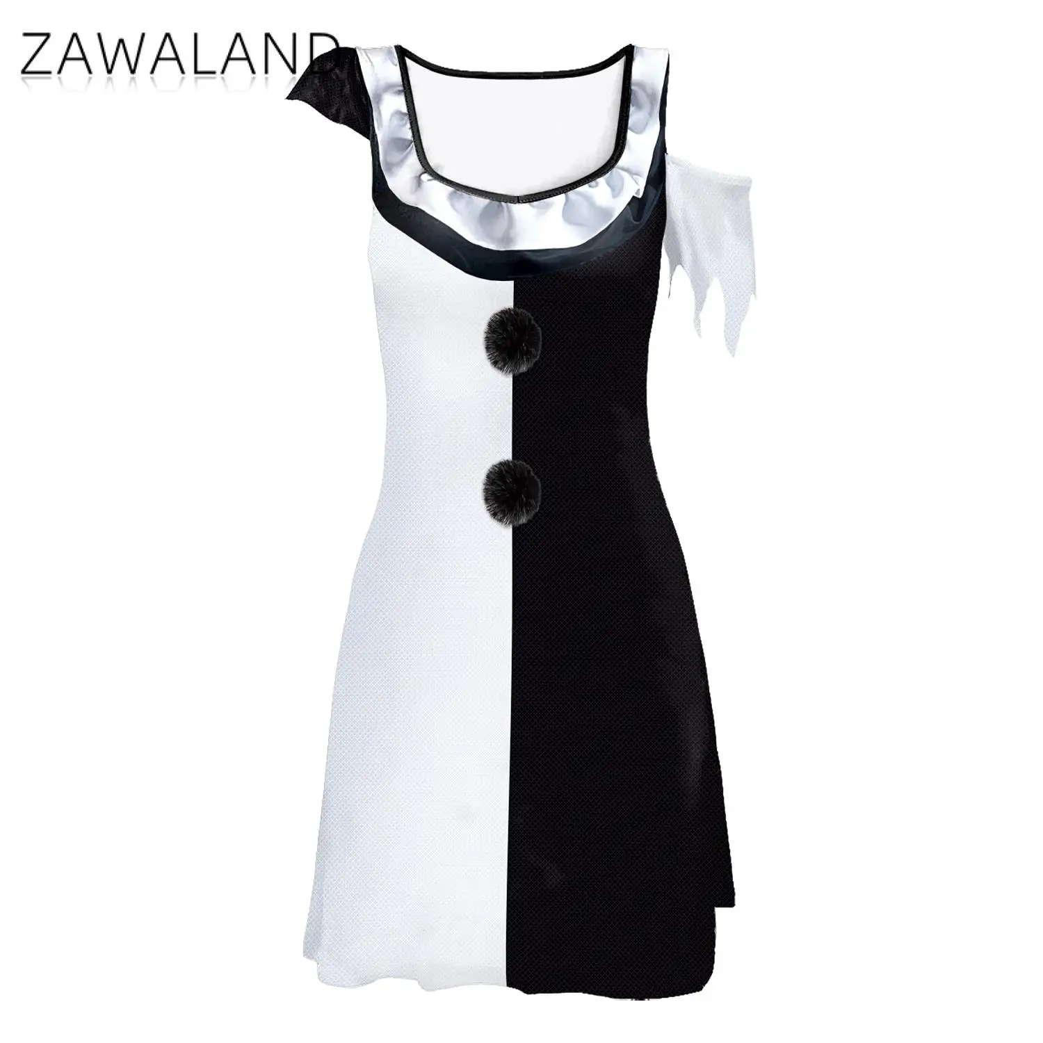 ZAWALAND-vestido de payaso para mujer adulta, disfraz de Cosplay de retales blancos y negros, disfraces de payaso aterrador, vestido de fantasía para fiesta