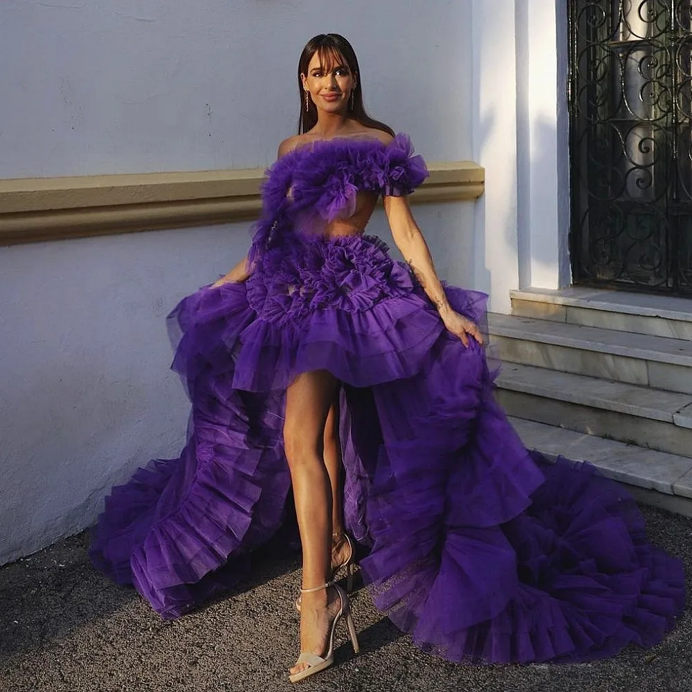 

Purple High Low Long Tulle Skirts For Women Ruffles Skirts To Party Elastic Waist Holiday Birthday Bridal Skirt Without Top