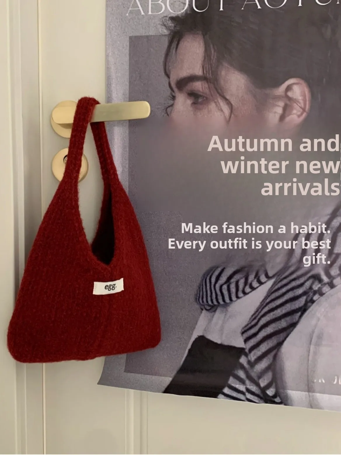 

New Knitted Soft Wool Handbag Trendy Versatile Autumn Winter Korean Sle Simple Label Embroidery Casual Handheld Bag for Women