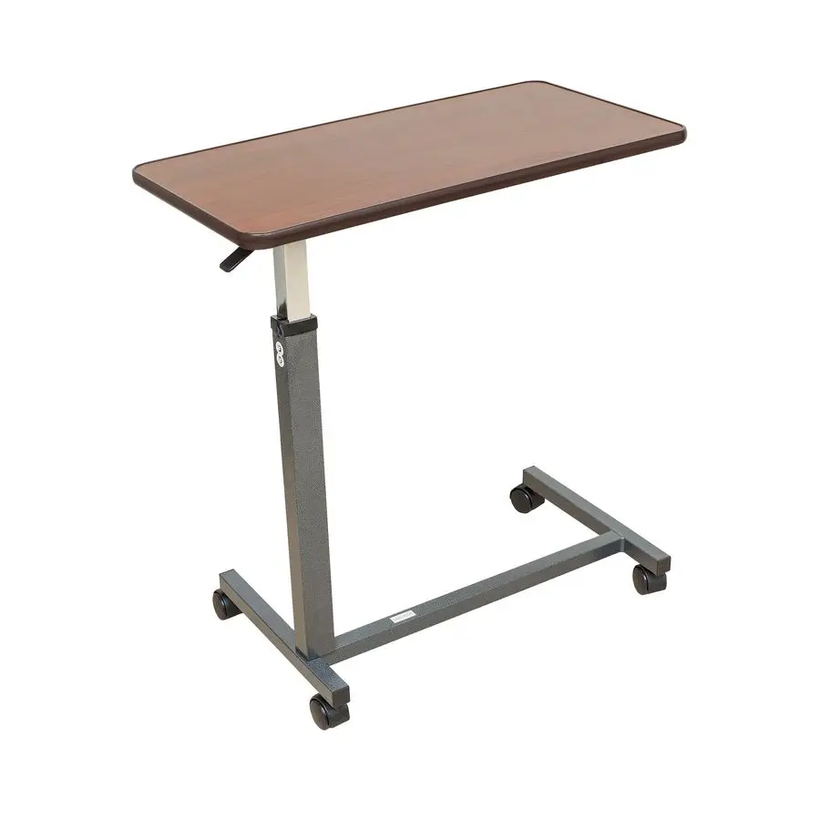 Height Adjustable Automatic Overbed Table Woodgrain Top with Locking Wheels, Perfect for Hospital and Home Use Table for Easy A