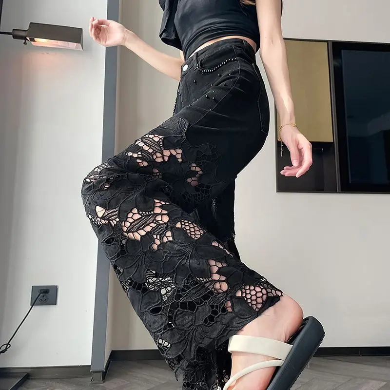 

Trendy lace hollow wide-leg jeans women's 2026 new summer thin loose hot diamond popular straight-leg pants