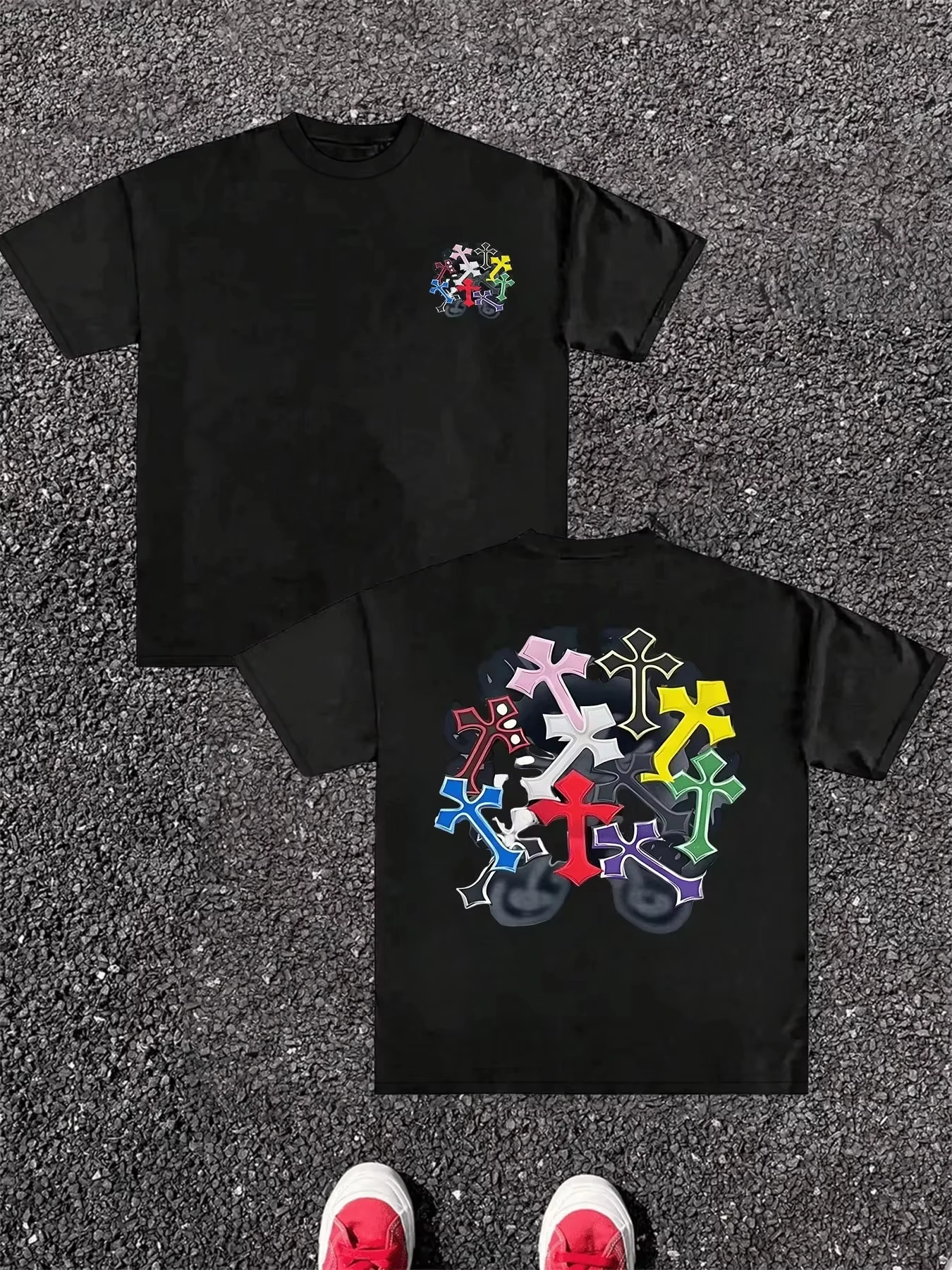 2026 Multi Shape Art Graphic Double Sided Print Short Sleeve T-Shirt, Kids Adults Crew Neck Tee, Retro Loose Casual Daily Top