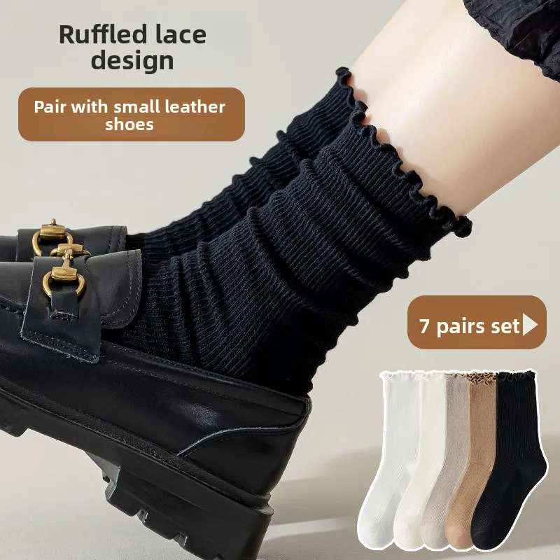 Women's Mid-Calf Thin Cotton Socks with Flounce Pure Color Summer Spring Autumn Short Socks for Loafers And Small Shoes