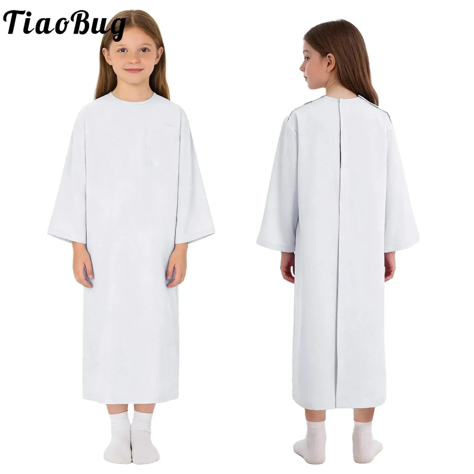 Kids Special Needs Adaptive Clothing Long Sleeve Back Split Hook-and-Loop Nursing Gown with Pocket for Pediatric Medical Patient