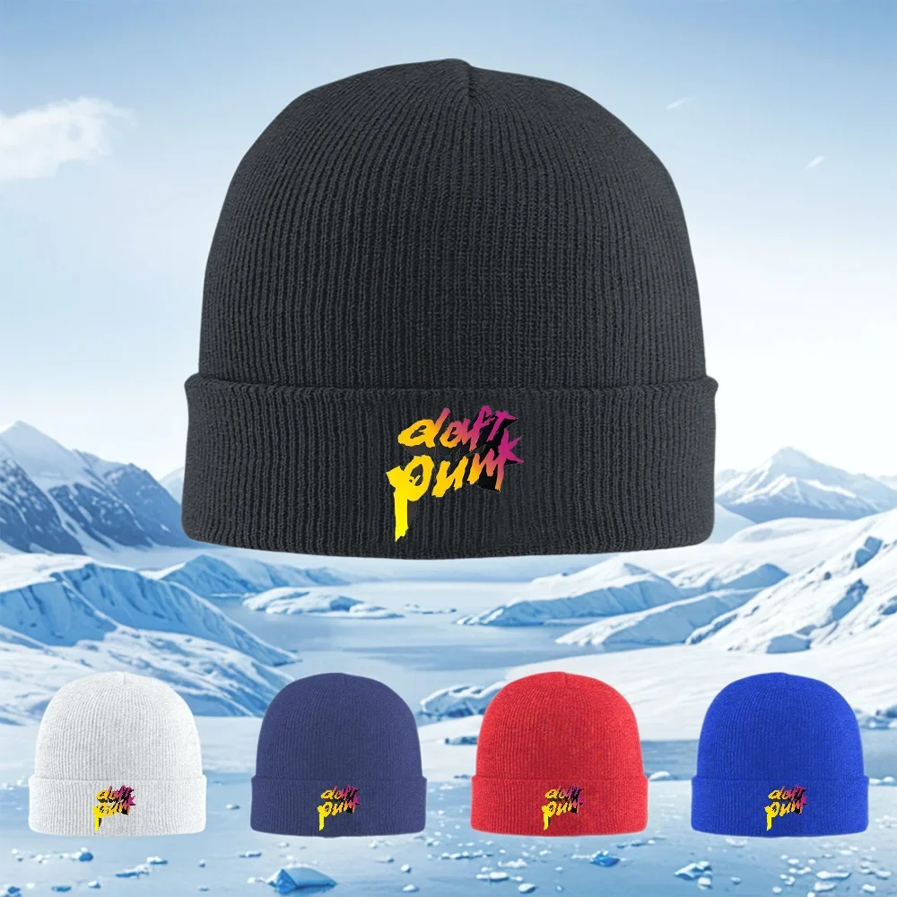 2026 Daft Punk logo,black background Men Women Unisex Knitted Hat Beanie Pullover Cap Winter Thermal Warm Christmas Outdoor Cycl