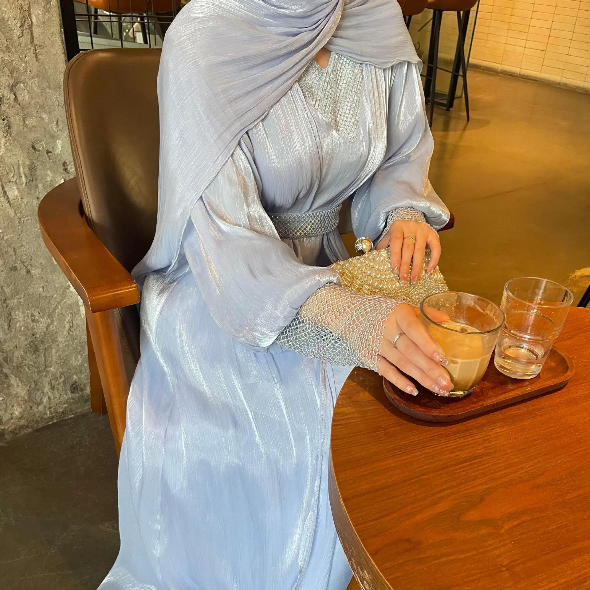 

2026 Wholesale Modest Turkey Evening Party Dress Set Clothes Shiny Dresses Ramadan Eid Elegant Muslim Women Dress