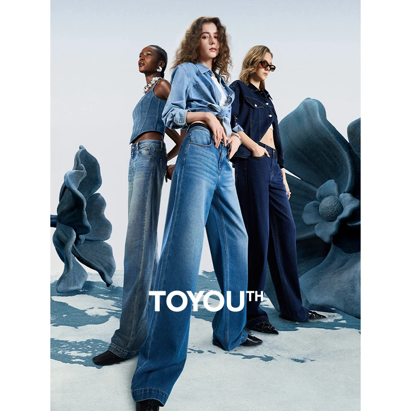 TOYOUTH Women Denim Jeans 2025 Spring New Acetate Wide Leg Mid Low Waist Slim Fit Straight Wide Leg Pants