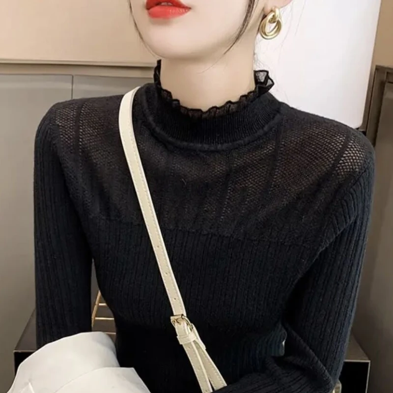 Outono/inverno pulôver de malha feminino suéteres moda manga longa meia gola alta renda blusas básicas