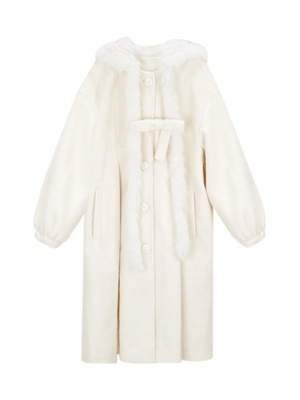 2025年冬新作ミドル丈レディースコート、ゆったりとしたウール素材のジャケット、ロング丈、フード付き、ホワイトカラー、韓国風ストレートカット