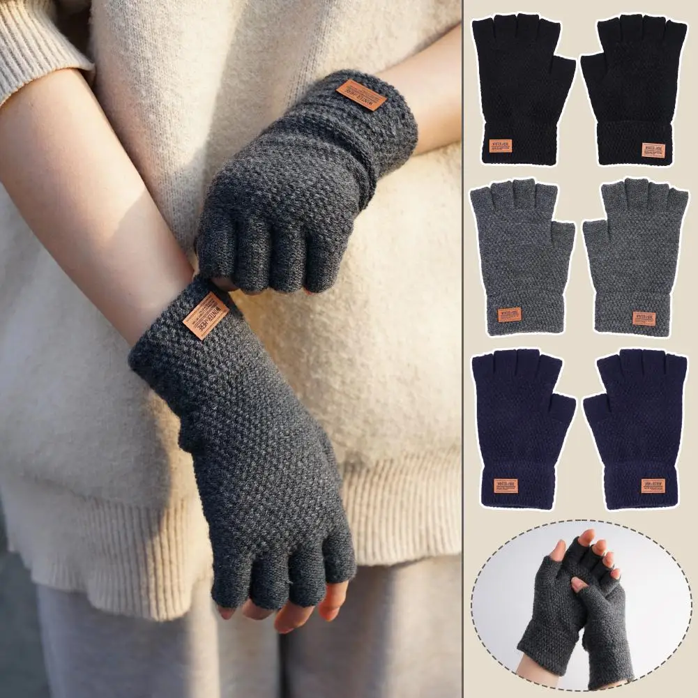 Guantes gruesos sin dedos para hombre, guantes de lana de Alpaca de punto, guantes de conducción de medio dedo, mitones de invierno con etiqueta de