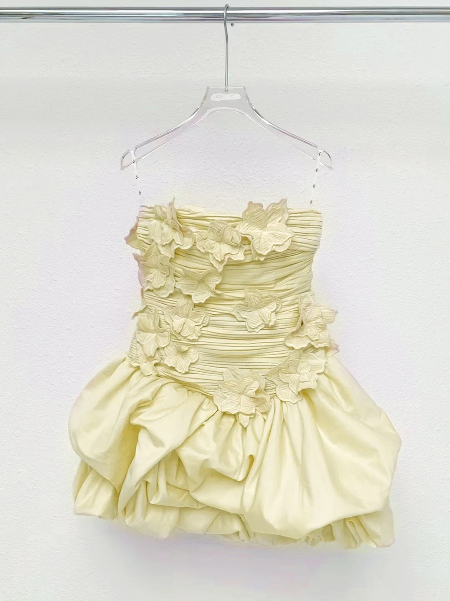 VGH Solidne łączone aplikacje Mini sukienki dla kobiet bez ramiączek bez rękawów bez pleców z wysokim stanem Temperament składana sukienka damska nowość