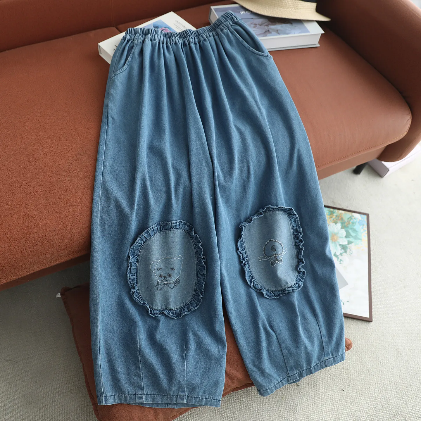 

Japanese Mori Girl Vintage Embroidery Denim Flower Bud Pants Women Spring Summer Elastic Waist Casual Loose Wide Leg Pants Jeans