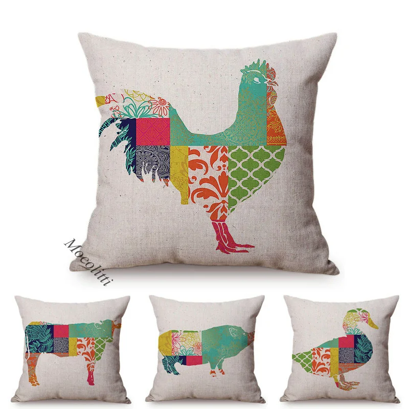 Bohemia Style Cushion Cover Pastel Farm Animal Cock Cow Decoration Sofa Pillow Case Cotton Linen Square Cushions Cover Cojines