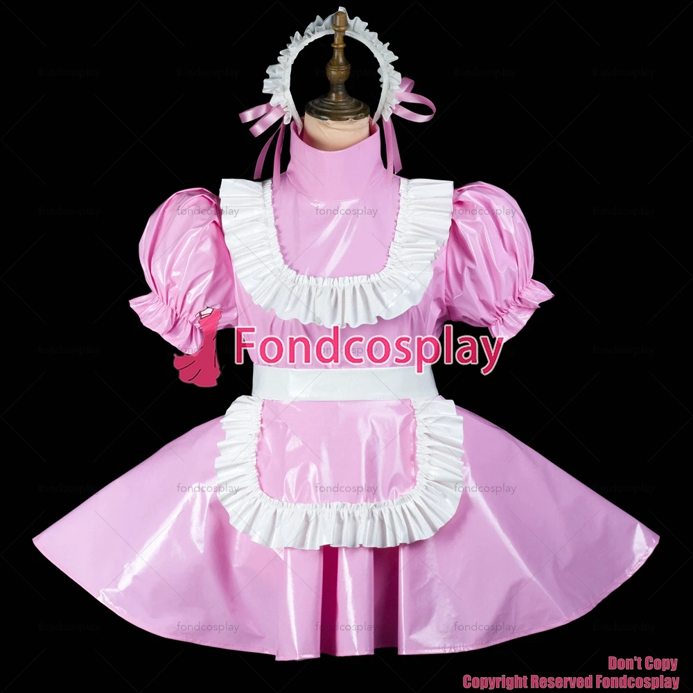 fondcosplay adult sexy cross dressing sissy maid baby pink thin pvc dress lockable panties jumpsuits rompers CD/TV[G2418]