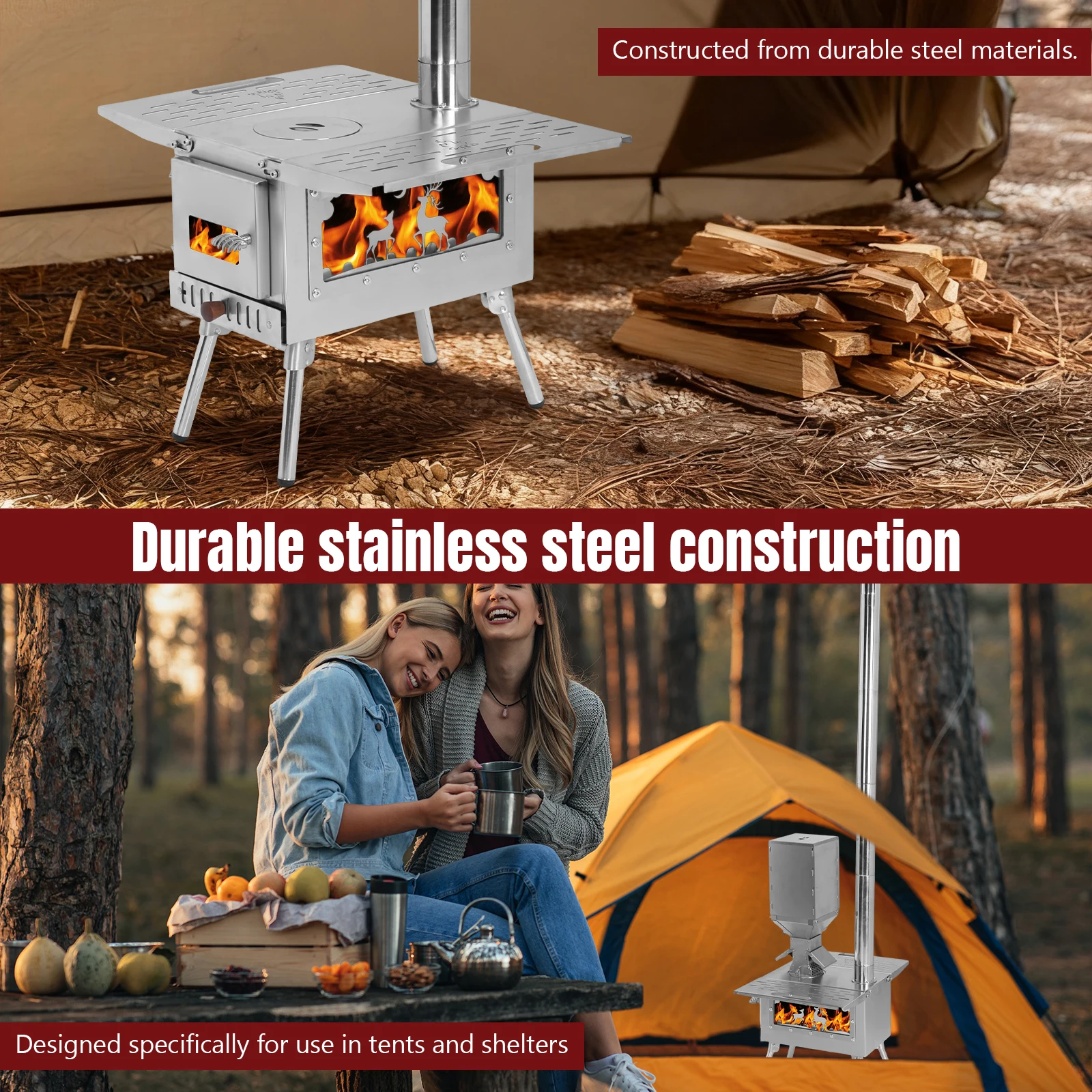 

Compact Tent Stove with Stainless Steel Construction Chimney Pipes Included for Outdoor Heating & Cooking Ice Fishing Hunting