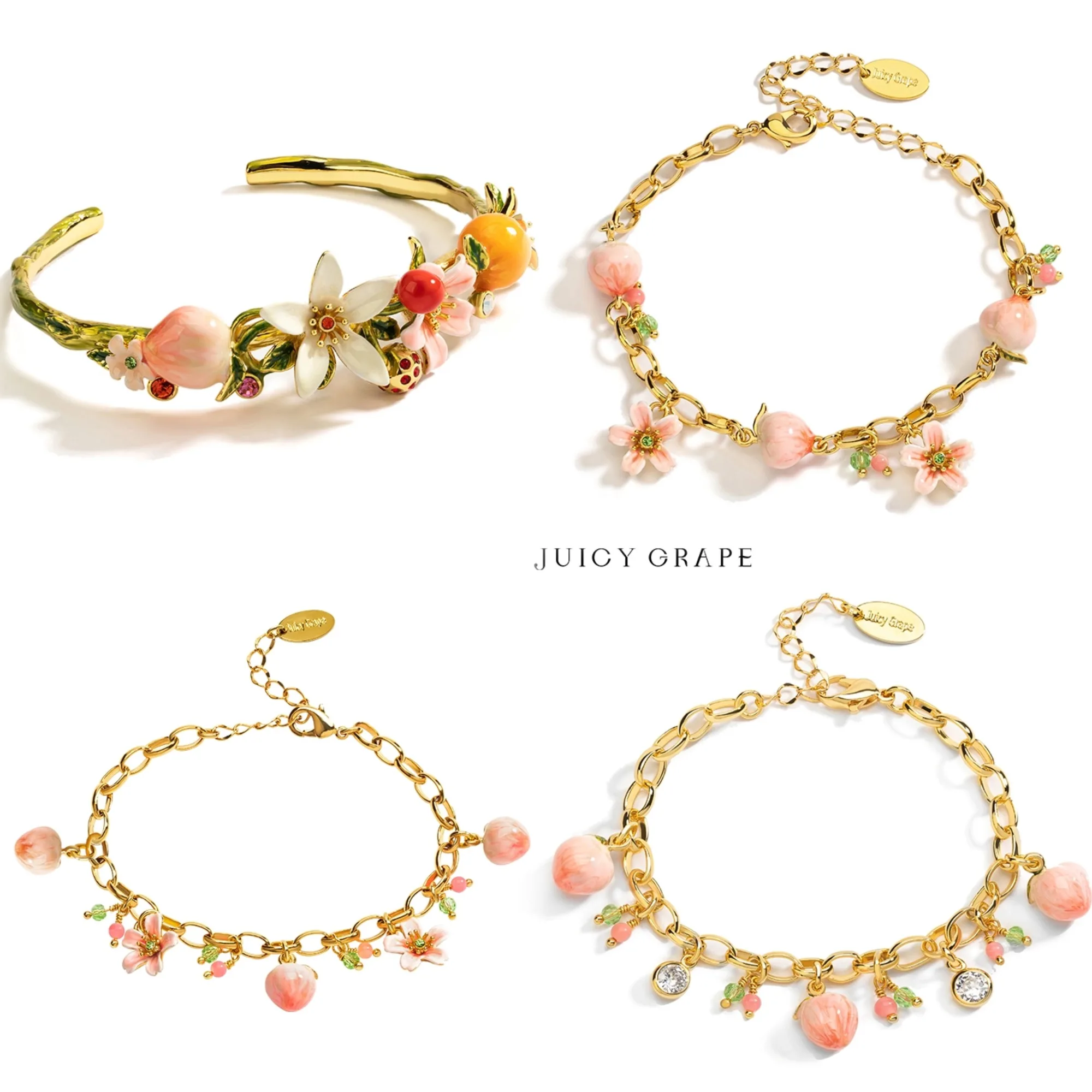 

Juicy Grape Romantic Peach Bracelet Handmade Enamel Bracelet Enamel Peach & Flower Crystal Pendant Bracelet Jewelry Gift