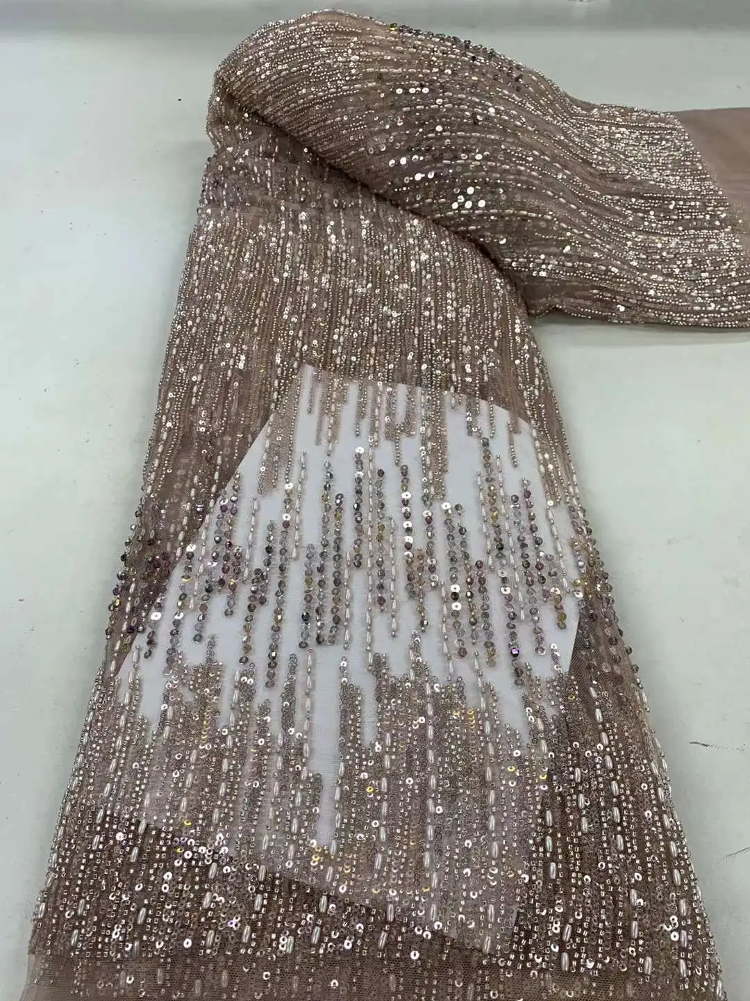 

2024 High-end Evening Dress Design,Luxury Beads Embroidered Fabric, With Rice Pearls +Crytstal Stones French Mesh Lace For Dress