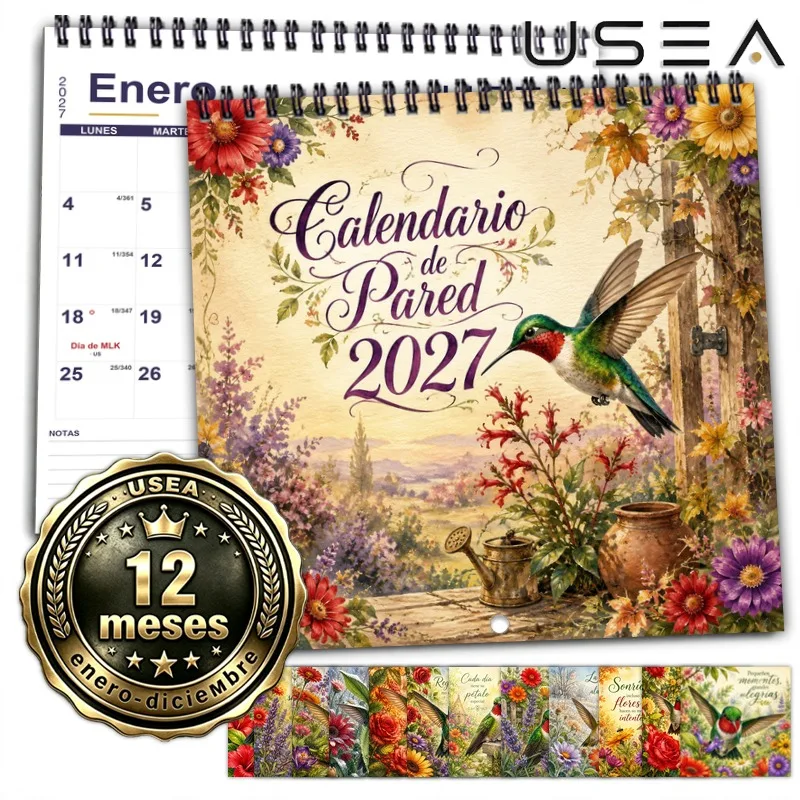 2027 Spanish Wall Calendar, 12-Month Planner with Lunar Phase,Hummingbird Floral Design, Wall Decoration, Holiday Gifts