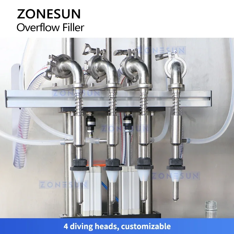 Zonesun-enchufadora de botellas por gravedad de 4 cabezales, máquina de llenado de desbordamiento, equipo de llenado de sifón, ZS-VTGZ100 de embalaje de vino
