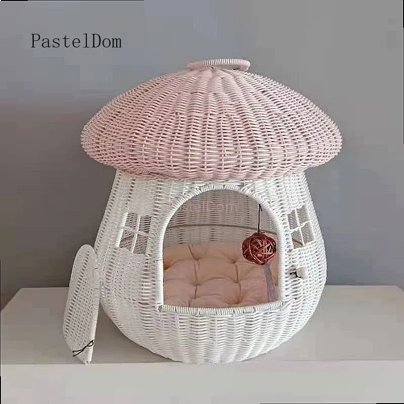 Cozy Rattan Cat Bed Mushroom House Enclosed Pet Nest Indoor Outdoor Cute Dog Cat Cave Bed for Small Pets