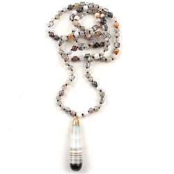Fashion Bohemian Jewelry 6mm Stone/Glass Knotted Natural Stone Stripe Drop Pendant Necklace For Women Gift