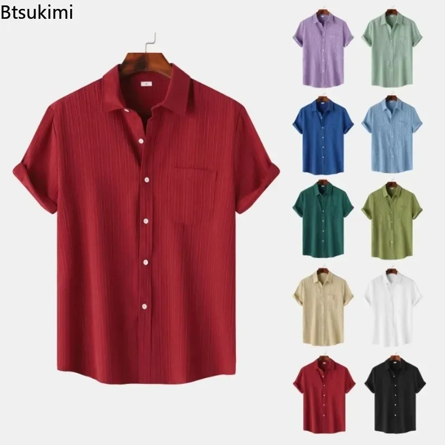 2026 New Men's Solid Striped Shirts Summer Fashion Short Sleeve Simple Lapel Tops Male Casual Holiday Daily Wear Camisas Homme