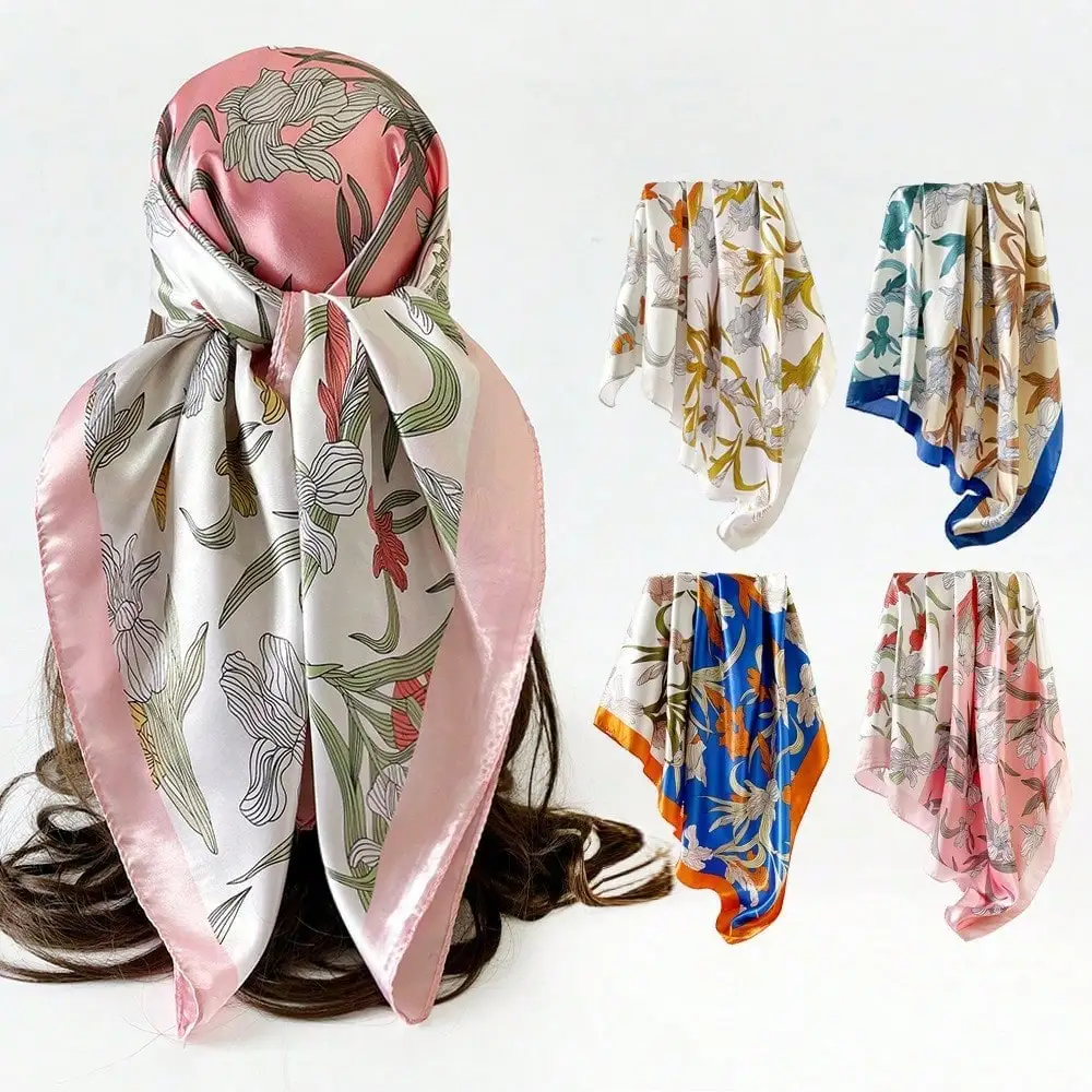 

Printed head scarf 90cm silk scarf, classic flower square scarf silk scarf, printed square scarf, silk scarf, smooth fabric, headscarf, binding bag, decorative silk scarf and scarf suitable for daily use