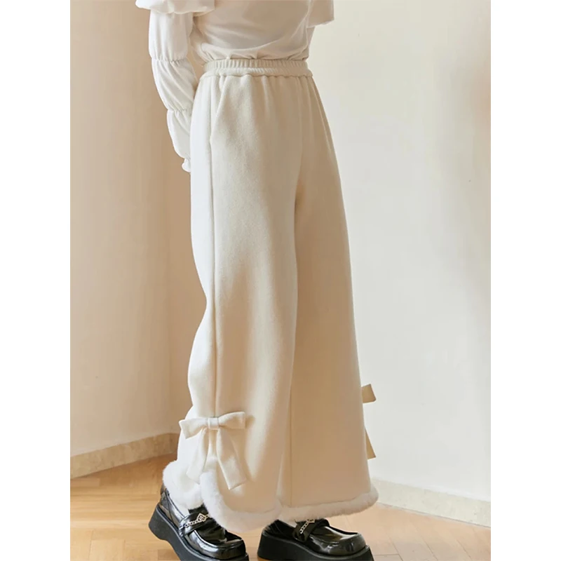 

MEXZT Kawaii Corduroy Wide Leg Pants Women Japanese Lolita Bow Fleece Trousers Korean Sweet Plush Patchwork Baggy Casual Pants