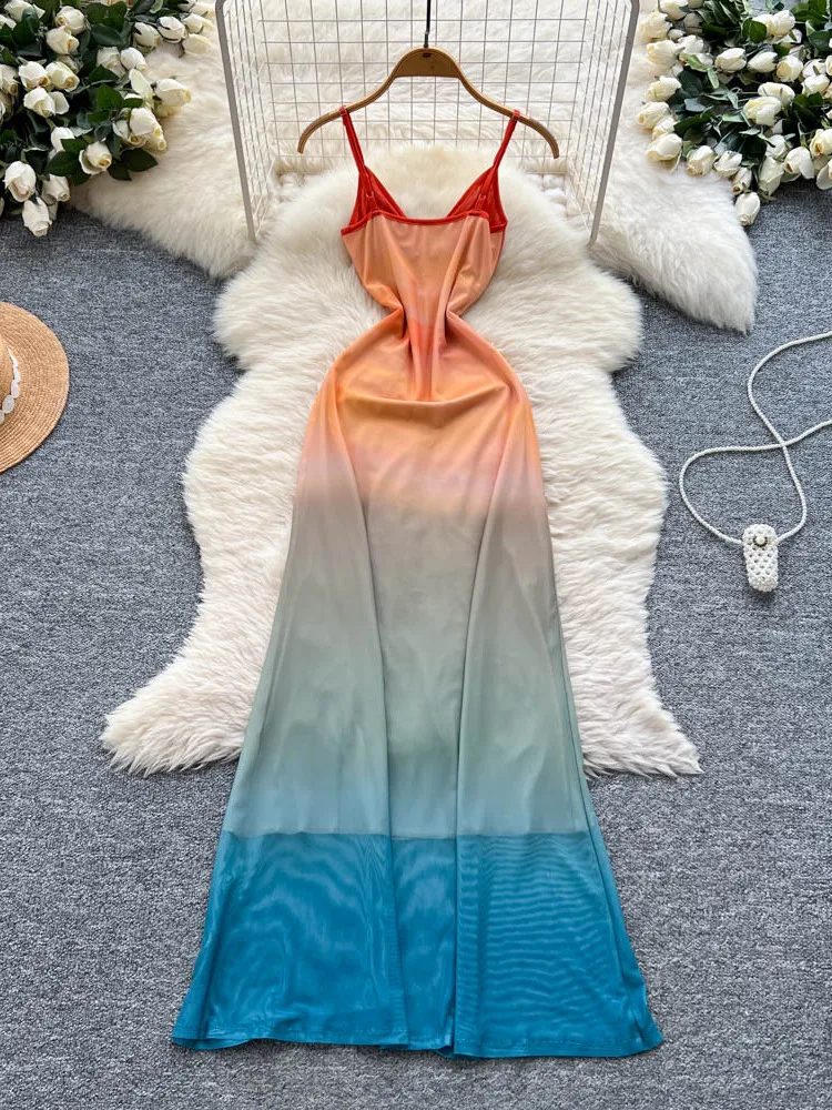 Beach Vaion Sle Femme Été Dr Strap Évider Métal Bleu Taille Cinched adient Couleur Jupe Longue Taille Haute A-...