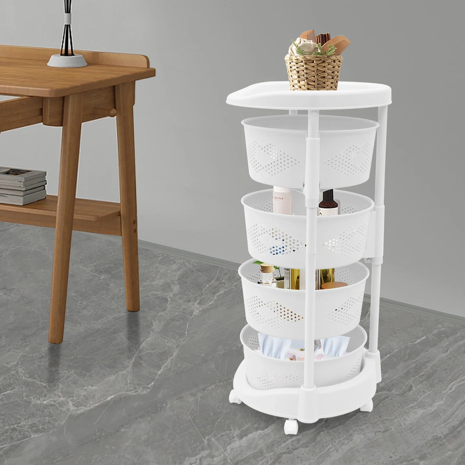 

4 Tier Rotating Kitchen Basket Stackable Shelf Fruit Vegetable Organizer with Casters Multi-Layer Round Storage Cart Space Saver