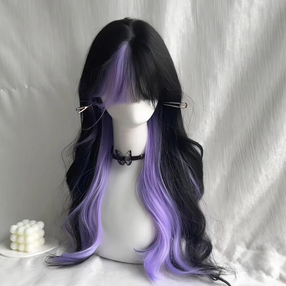 Black Highlight Purple Synthetic Wig For Cosplay Long Wavy Layered Wigs With Bangs Heat Resistant for Daily Halloween