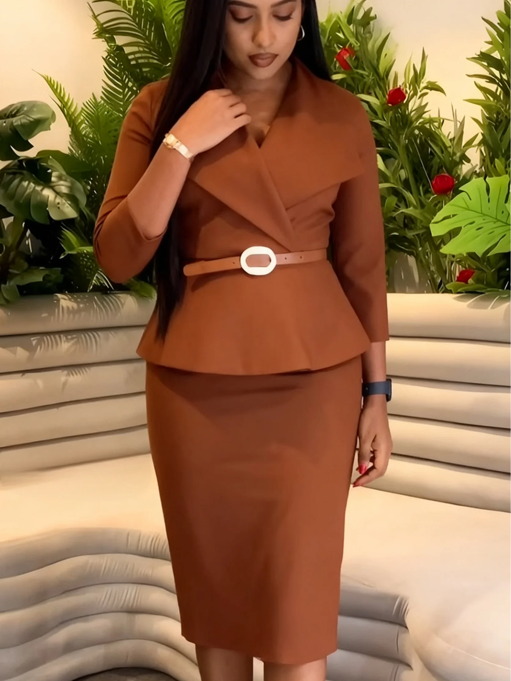 

Women'S Elegant Lapel Collar Long Sleeve Ruffle Hem Business Office Dress