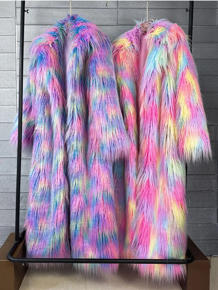 ZADORIN 130cm Colorful Lapel Long Faux Fur Coat Woman Winter Thicken Furry Jacket Mongolian Fur Faux Coat New in Coats & Jackets