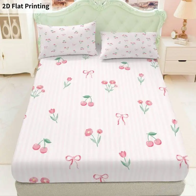 3Pcs Cherry Bow Fitted Sheet Three Piece Set (1*Fitted Sheet + 2*Pillowcases, Coreless), Bedding Set.