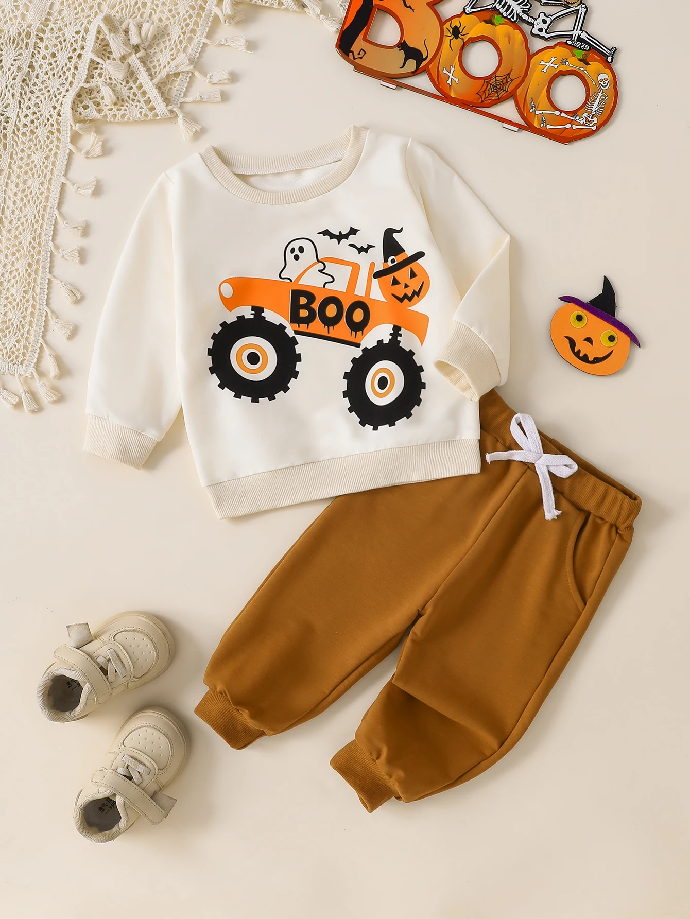 Baby Boy Halloween Truck Ghost Sweatshirt Outfit, Long Sleeve Crew Neck Top + Drawstring Jogger Pants, Toddler 2Pcs Clothes Set