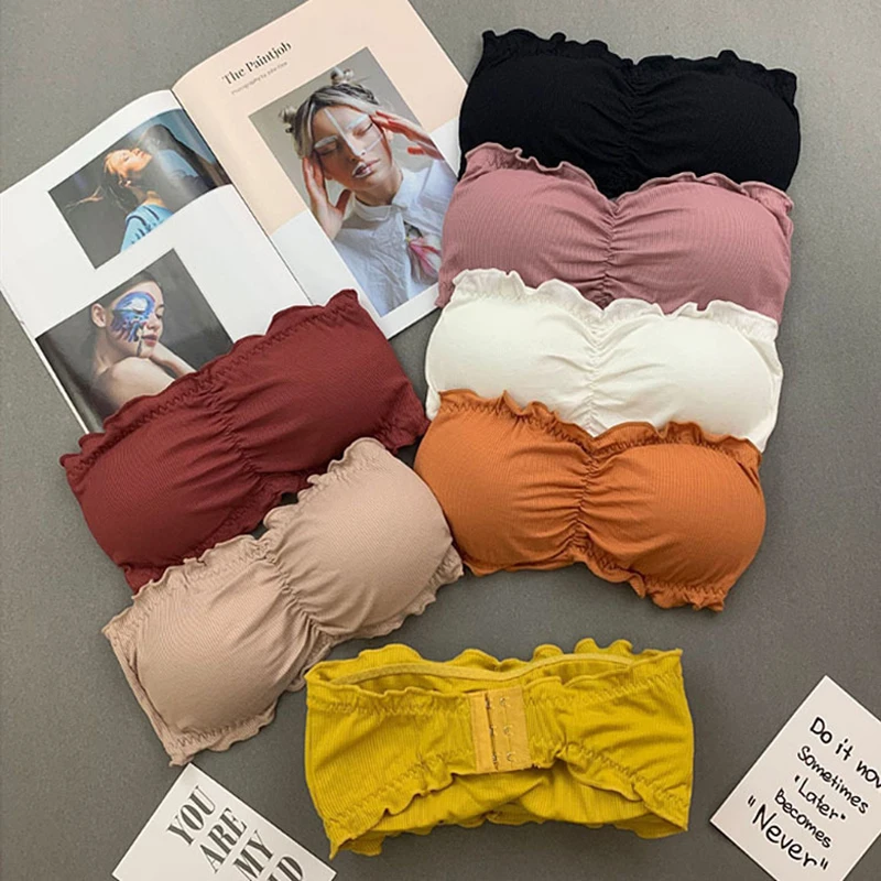 Ruffle Strapless Three Hook-and-eye Cotton Bra Crop Top Sexy Solid Women Bra Invisible Beauty Back Off Shoulder Omighty Camisole