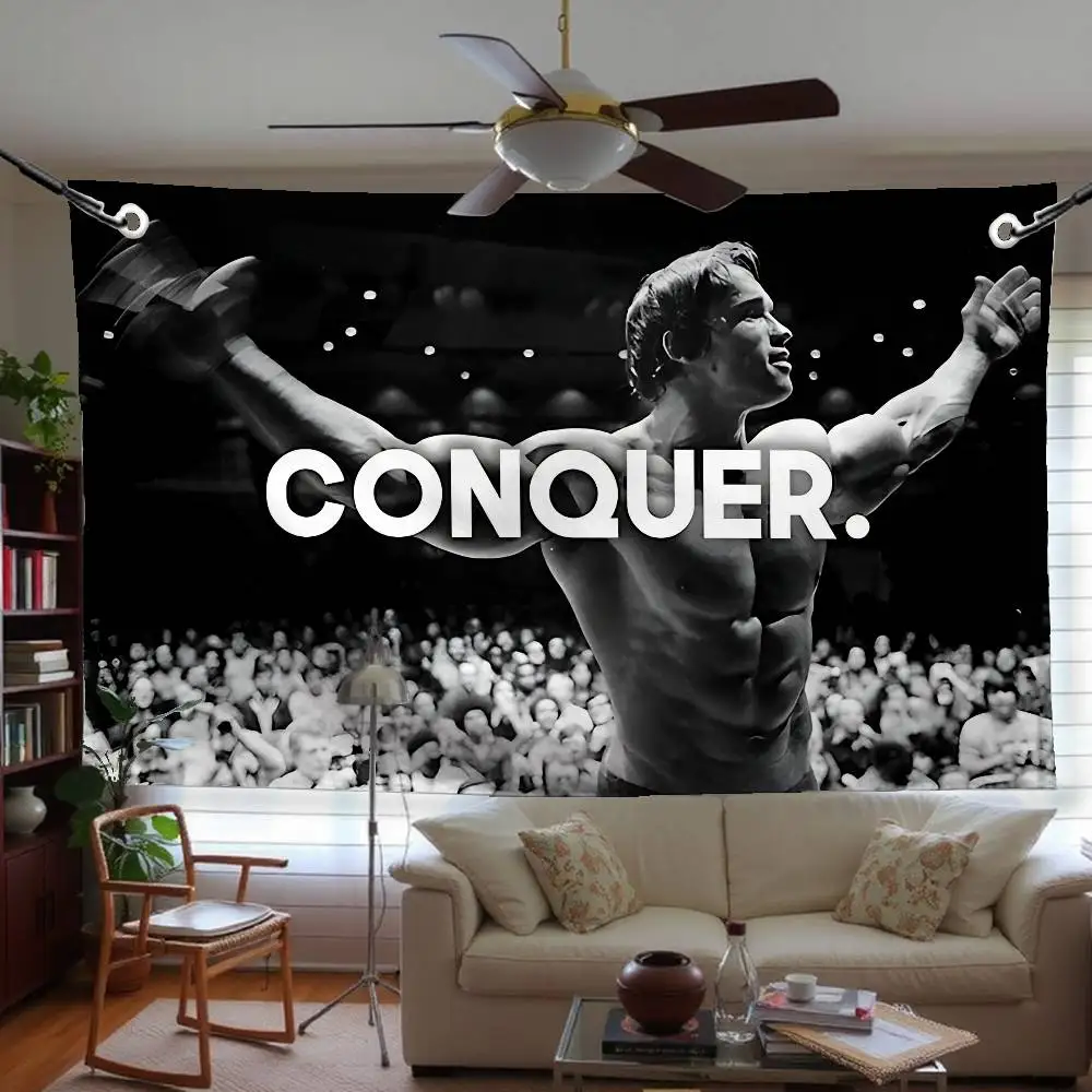 Arnold Schwarzenegger Conquer Flag Tapestry Funny Banner For College Dorm Room Bedroom Outdoor Living Room Wall Decor Party