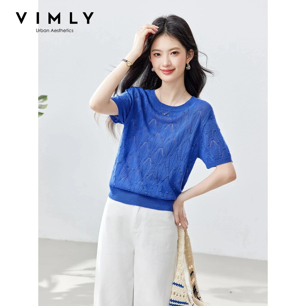 

VIMLY Ladies French Elegant Knit T-shirt 2026 Summer Klein Blue Crew Neck Diamond Cutout Jacquard Casual Short Sleeve Tee 75363